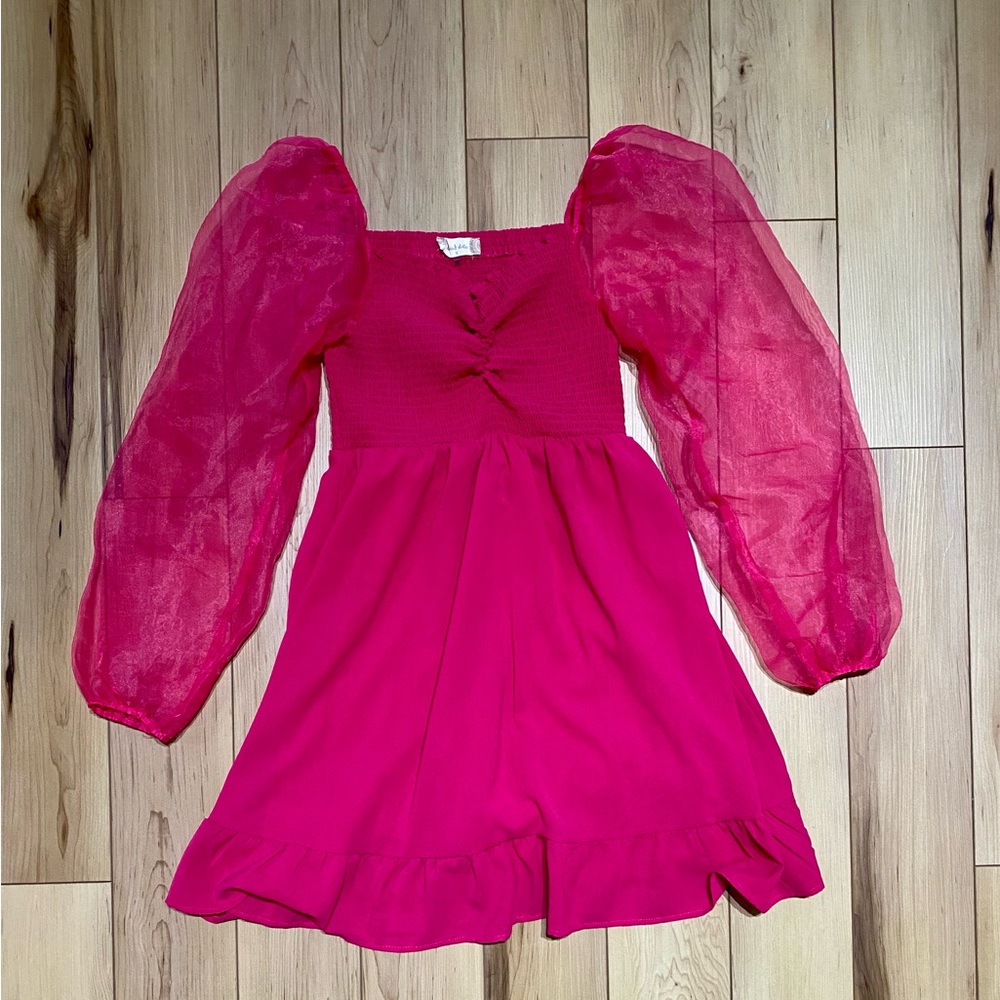 Altar’d State Smocked Long Sleeve Dress Size Small Hot Pink Short Ruffle Hem